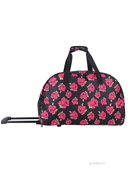 Betsey Johnson Designer Carry On Luggage Collection Lightweight Pattern 22 Inch Duffel Bag- Weekender Overnight Business Travel Suitcase with 2- Rolling Spinner Wheels Covered Roses