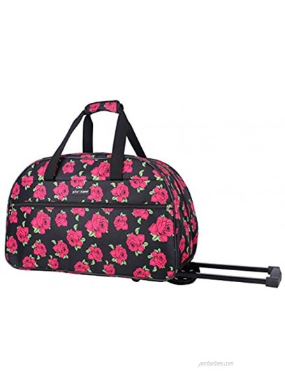 Betsey Johnson Designer Carry On Luggage Collection Lightweight Pattern 22 Inch Duffel Bag- Weekender Overnight Business Travel Suitcase with 2- Rolling Spinner Wheels Covered Roses