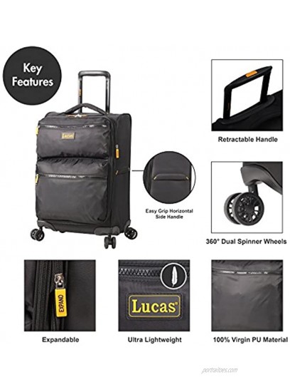 Lucas Ultra Lightweight Carry On Softside 20 Inch Expandable Luggage Small Rolling Bag Fits Most Airline Compartments Durable 8-Spinner Wheels Suitcase Black