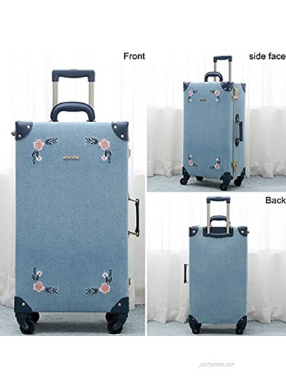 NZBZ Luxury Vintage Trunk Luggage Sets 2 Piece Cute Trolley Retro Suitcase for Women with 12 inch Cosmetic Train Case Embroidered Flowers Dark Blue Set 24+12