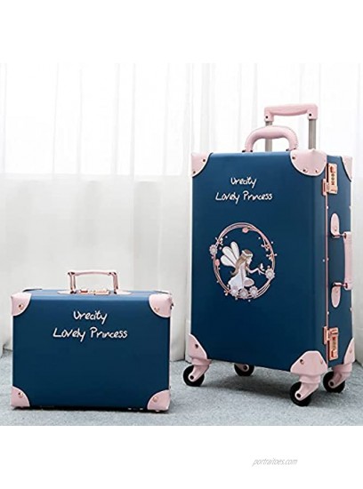 NZBZ Luxury Vintage Trunk Luggage Sets 2 Piece Cute Trolley Retro Suitcase for Women with 12 inch Cosmetic Train Case Fairy Blue 20+12