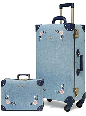 NZBZ Luxury Vintage Trunk Luggage Sets 2 Piece Cute Trolley Retro Suitcase for Women with 12 inch Cosmetic Train Case Embroidered Flowers Dark Blue Set 24"+12"