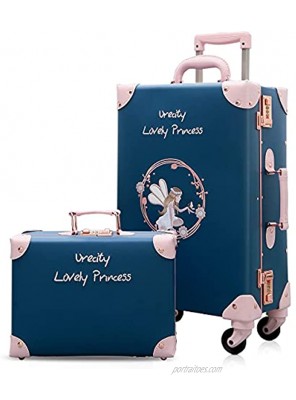 NZBZ Luxury Vintage Trunk Luggage Sets 2 Piece Cute Trolley Retro Suitcase for Women with 12 inch Cosmetic Train Case Fairy Blue 20"+12"