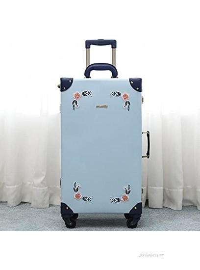 NZBZ Vintage Trunk Luggage Suitcase with Wheels Cute Trolley Retro Suitcase for Women Embroidered Flowers Light Blue 24