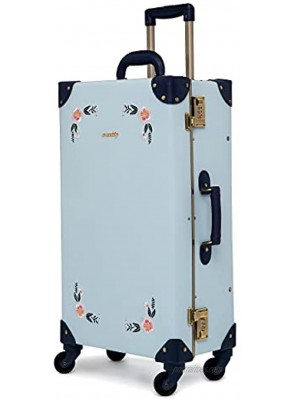 NZBZ Vintage Trunk Luggage Suitcase with Wheels Cute Trolley Retro Suitcase for Women Embroidered Flowers Light Blue 24"