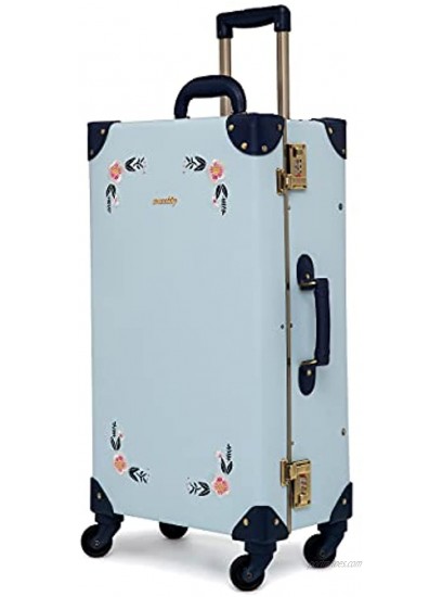 NZBZ Vintage Trunk Luggage Suitcase with Wheels Cute Trolley Retro Suitcase for Women Embroidered Flowers Light Blue 24