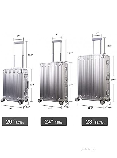 Travelking All Aluminum Carry On Luggage with TSA Locks Fashion Cool Metal Hard Shell Spinner Suitcase Silver 20 Inch
