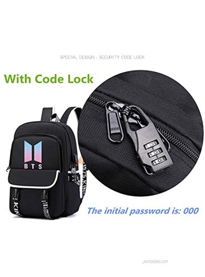 Alikpop Kpop BTS Theft Proof Travel Backpack Code Lock BookBag with USB Charging Port Water Resistant Business Back Pack for Student Work Men & Women