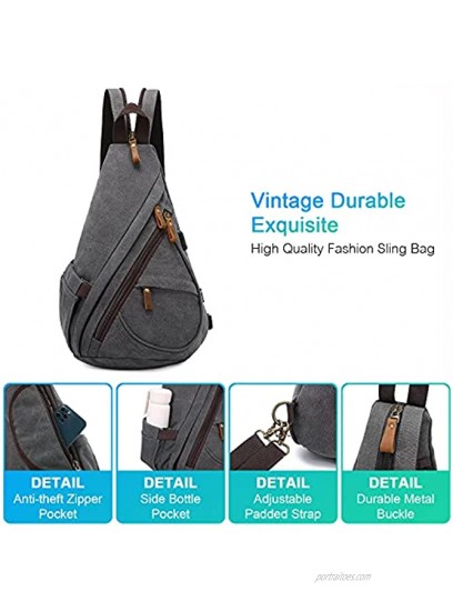 Canvas Sling Bag Chest Shoulder Backpack Small Crossbody Bags for Men Women with USB Charging Port