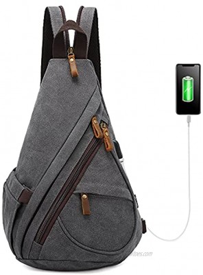 Canvas Sling Bag Chest Shoulder Backpack Small Crossbody Bags for Men Women with USB Charging Port