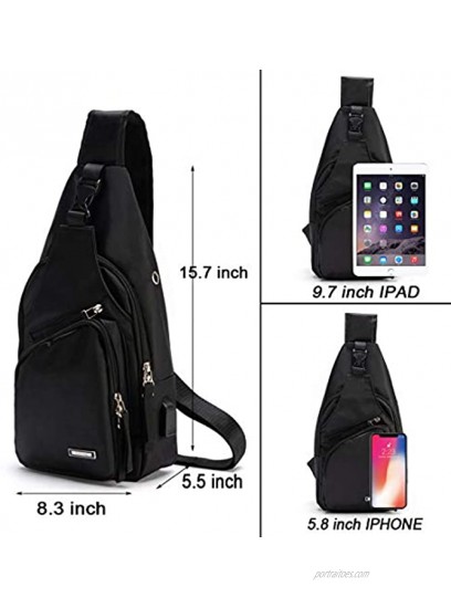 Men Sling Backpack Nylon Water Resistant Shoulder Chest Crossbody Sling Bag with USB Charging Port Black