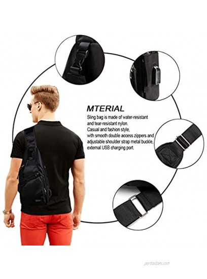 Men Sling Backpack Nylon Water Resistant Shoulder Chest Crossbody Sling Bag with USB Charging Port Black