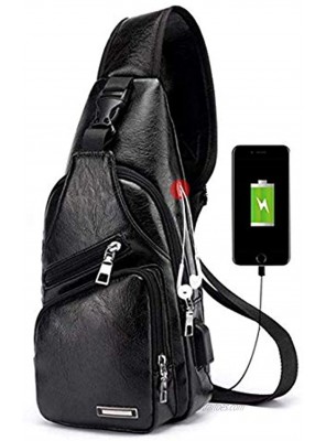 Seoky Rop Men's Leather Sling Bag Chest Crossbody Shoulder Bag with USB Charging Port Black