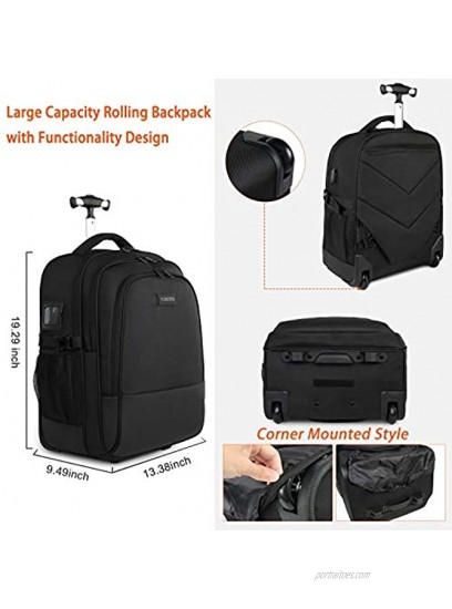 Backpack with Wheels Large Rolling Backpack for Men Women Water Resistant Business Travel Carry on Wheeled Backpack Bag Durable Roller College School Computer Bookbag Fits 15.6 Inch Laptop Black