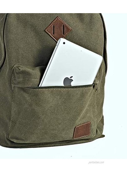 Canvas School Laptop Backpack Durable Rucksack Travel Notebook Bag for Men Women Military Green