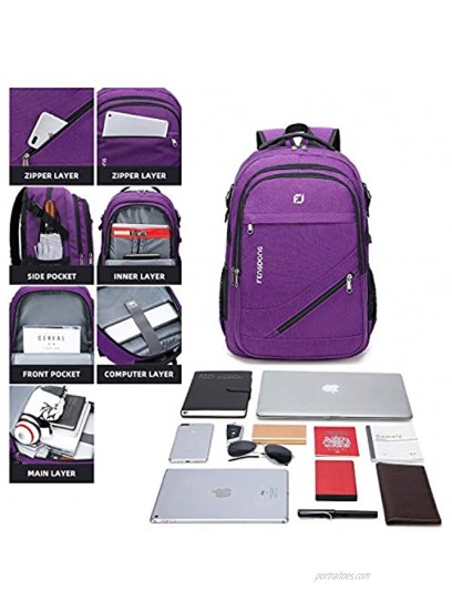 FENGDONG Durable Waterproof Travel Large Laptop Backpack 17.3 inch,College Backpack Bookbag for Women & Men Business Backpack with USB Charging Port and Headset Port Purple