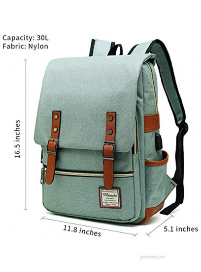 MANCIO Slim Laptop Backpack with USB Charging Port,Vintage Tear Resistant Business Bag for Travel,  College School Casual Daypacks for Man,Women Fits up to 15.6Inch Macbook Green