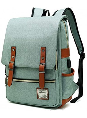 MANCIO Slim Laptop Backpack with USB Charging Port,Vintage Tear Resistant Business Bag for Travel,  College School Casual Daypacks for Man,Women Fits up to 15.6Inch Macbook Green