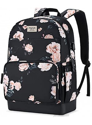 MOSISO 15.6-16 inch Laptop Backpack for Women Girls Polyester Anti-Theft Stylish Casual Daypack Bag with Luggage Strap & USB Charging Port Camellia Travel Business College School Bookbag Black