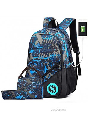 Pawsky School Backpack for Boys 14 Inch Laptop Backpack with USB Charging Port Anti-theft Lock Lunch Bag & Pencil Case Lightweight Water Resistant Bookbag Daypack