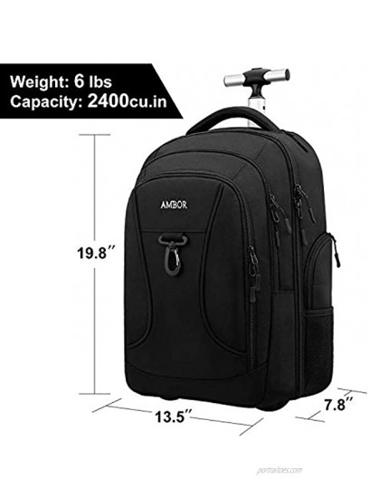 Rolling Backpack AMBOR Waterproof Wheeled Backpack Carry-on Trolley Luggage Suitcase Compact Business Backpack with Wheels Student Rolling Laptop Bag Trolley Carry Luggage Fits 15.6 Inch Black