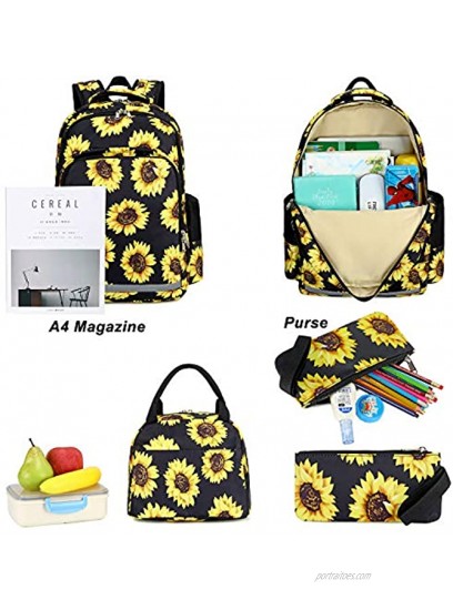 School Backpacks Girls Sunflower Bookbag Water-resistant Schoolbag Kids Insulation Lunch bag and Pencil case Sunflower Black