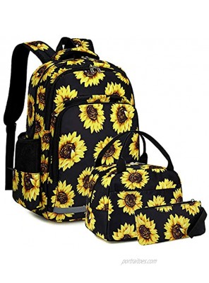 School Backpacks Girls Sunflower Bookbag Water-resistant Schoolbag Kids Insulation Lunch bag and Pencil case Sunflower Black