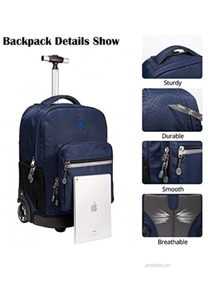 WEISHENGDA 18 inches Wheeled Rolling Backpack for Boys and Girls School Student Books Laptop Travel Trolley Bag Dark Blue