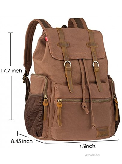 WOWBOX Canvas Backpack Vintage Leather 17.3 Inch Laptop School Backpack Travel Rucksack Coffee