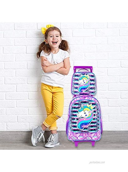 4PCS Rolling Backpack for Girls Unicorn Wheeled Bookbag Set