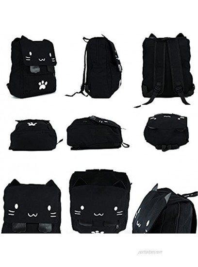 Black College Cute Cat Embroidery Canvas School Backpack Bags for Kids KittyWhite