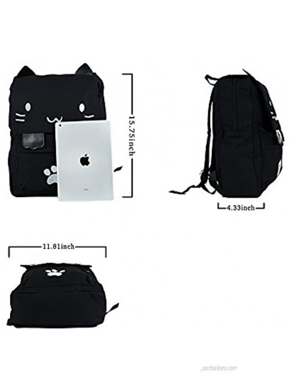Black College Cute Cat Embroidery Canvas School Backpack Bags for Kids KittyWhite