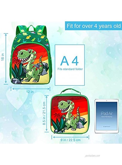 Dinosaur Backpack for Boys 16 Kids Bookbag and Lunch Box