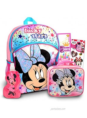 Disney Minnie Mouse Backpack With Lunch Box For Girls Kids ~ 5 Pc Bundle With 16" Minnie School Bag Lunch Box Stickers And More Minnie Mouse School Supplies
