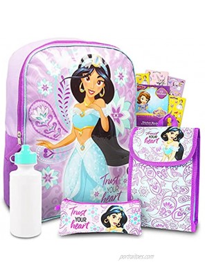 Disney Princess Backpack 6 Pc Set with 16 Jasmine Backpack Water Bottle and More