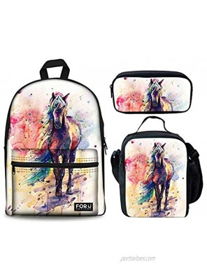 doginthehole Middle School Backpack School Bag for Girls Kids Lightweight Travel Daypack Bookbag Horse Art Design Rucksack Lunch Box Pencil Bag,Set of 3