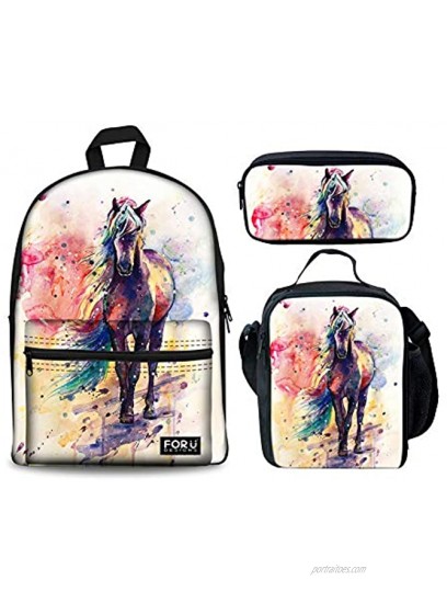 doginthehole Middle School Backpack School Bag for Girls Kids Lightweight Travel Daypack Bookbag Horse Art Design Rucksack Lunch Box Pencil Bag,Set of 3