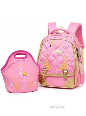 Dorlubel Cute Flamingo Diamond Embroidery Waterproof Princess School Bag Kids Bookbag Set for Primary Girls Pink Set