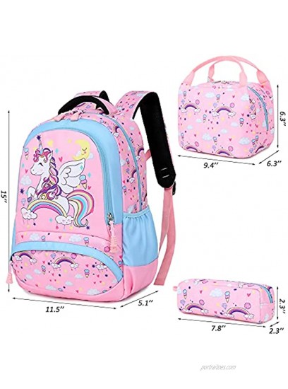 Girls School Backpacks for Elementary School Bookbag 3 in 1 Unicorn Backpack Set for Kids School Bag Water Resistant