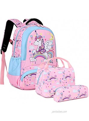 Girls School Backpacks for Elementary School Bookbag 3 in 1 Unicorn Backpack Set for Kids School Bag Water Resistant