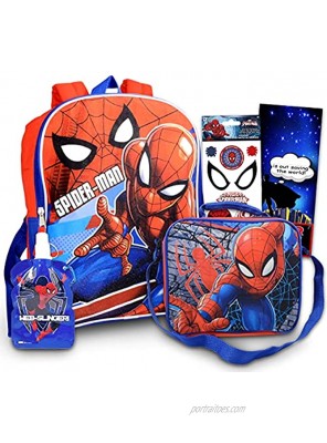 Marvel Spiderman Backpack With Lunch Box ~ 5 Pc Bundle With 15 Spiderman School Bag For Boys Girls Kids Lunch Bag Stickers And More Spiderman School Supplies