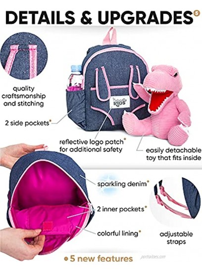 Naturally KIDS Small Dinosaur Backpack Dinosaur Toys for Kids 3-5 Toddler Backpack for Boy w Stuffed Animal Toys for 3 Year Old Girl Gifts w Pockets & Reflective Logo Backpack w Pink T Rex