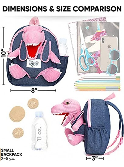 Naturally KIDS Small Dinosaur Backpack Dinosaur Toys for Kids 3-5 Toddler Backpack for Boy w Stuffed Animal Toys for 3 Year Old Girl Gifts w Pockets & Reflective Logo Backpack w Pink T Rex