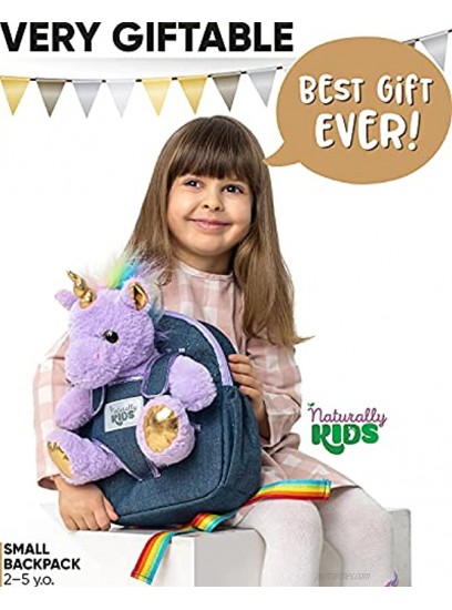 Naturally KIDS Small Unicorn Backpack 3 4 Year Old Girl Gifts Toddler Backpack for Girl Boy w Stuffed Animal Toys for 3 Year Old Girls w Pockets & Reflective Logo Backpack w Purple Unicorn