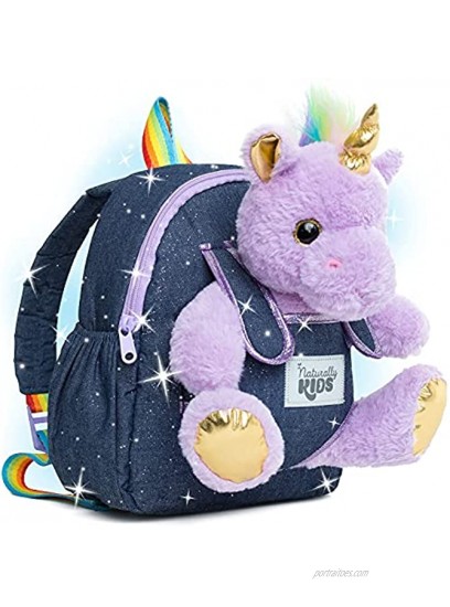 Naturally KIDS Small Unicorn Backpack 3 4 Year Old Girl Gifts Toddler Backpack for Girl Boy w Stuffed Animal Toys for 3 Year Old Girls w Pockets & Reflective Logo Backpack w Purple Unicorn
