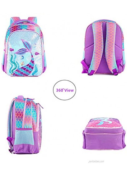 Reversible Sequin School Backpack Lightweight Little Kid Book Bag with Lunch Bag Set for Preschool Kindergarten Elementary 17 Mermaid with Lunch Bag