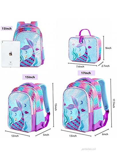 Reversible Sequin School Backpack Lightweight Little Kid Book Bag with Lunch Bag Set for Preschool Kindergarten Elementary 17 Mermaid with Lunch Bag