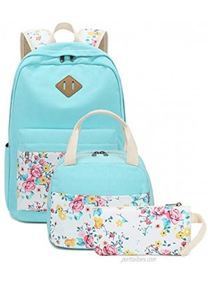School Backpacks for Teen Girls Bookbags Lightweight Canvas Backpack Schoolbag Set Turquoise-Flower