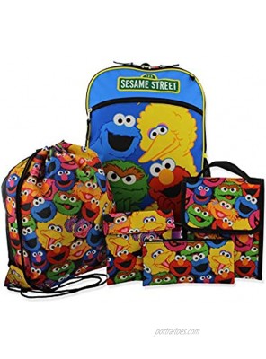 Sesame Street Boys Girls 5 piece Backpack Lunch Bag and Snack Bag School Set One Size Blue Multi