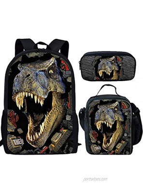 Showudesigns Cool Dinosaur Children Backpack Set with Schoolbag Lunch Bag Pencil Case Trex Backpack